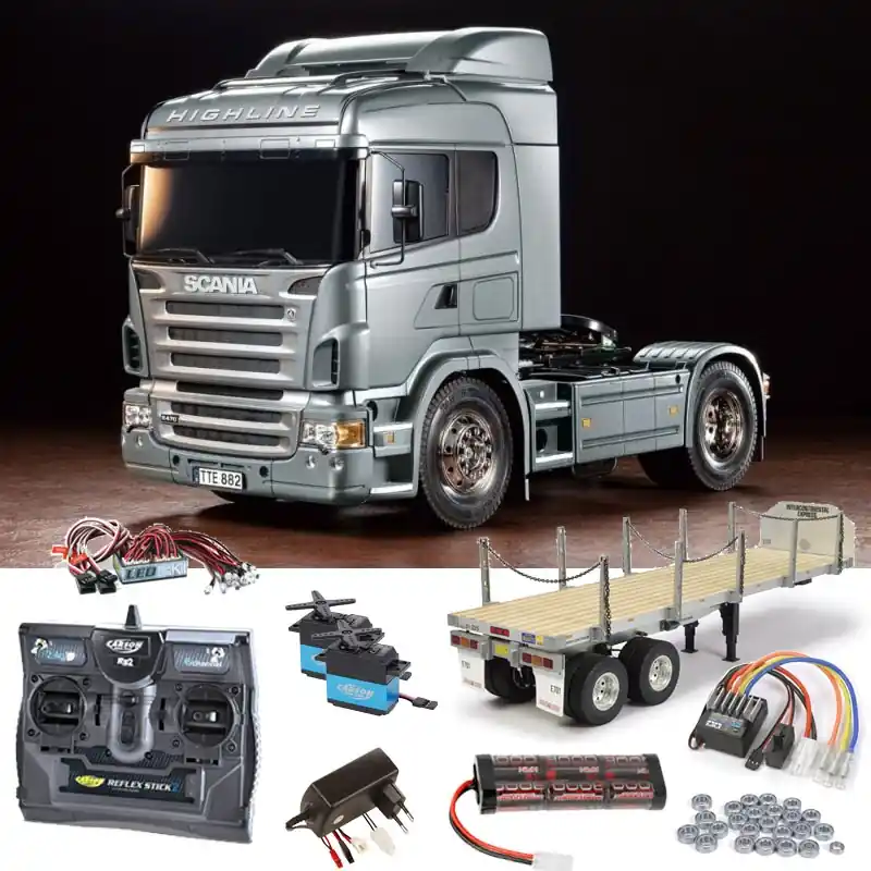 Tamiya 56364SETTR Scania R470 Highline Silber komplett + Flachbett, LED, Lager mit Carbon-Look Funke - Premium